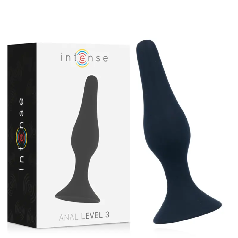 confezione e prodotto di Intense Anal Level 3 plug anale in silicone nero