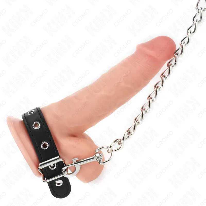 KINK - ANELLO PER PENE IN PELLE CON CINGHIA 21,5 X 2 CM E CATENA IN METALLO 60 CM - immagine 2