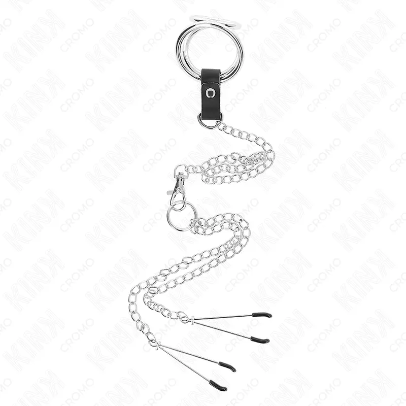 KINK - ANELLO PER PENE IN METALLO CROMATO TRIPLO DA 3 CM A 4,5 CM CON CATENA IN METALLO DA 26 CM E CLIP PER CAPEZZOLI - immagine 3