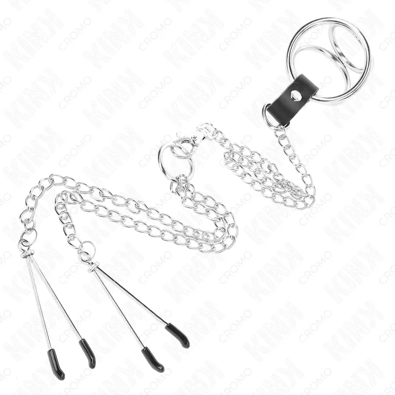 KINK - ANELLO PER PENE IN METALLO CROMATO TRIPLO DA 3 CM A 4,5 CM CON CATENA IN METALLO DA 26 CM E CLIP PER CAPEZZOLI - immagine 4