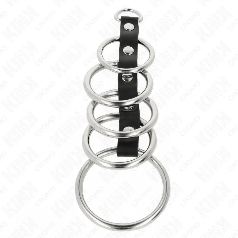 KINK - 5 ANELLI PER PENE IN METALLO DA 3,2 CM A 5 CM COLLEGATI DA PELLE - immagine 3