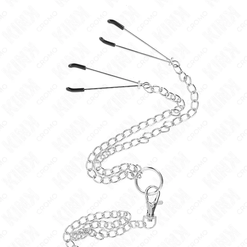 KINK - ANELLO PER PENE IN METALLO CROMATO TRIPLO DA 3,8 CM A 5 CM, CATENA IN METALLO DA 26 CM E MORSETTI PER CAPEZZOLI MOD. 2 - immagine 4