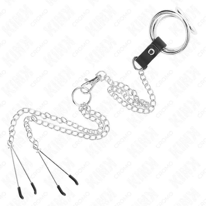 KINK - ANELLO PER PENE IN METALLO CROMATO TRIPLO DA 3,8 CM A 5 CM, CATENA IN METALLO DA 26 CM E MORSETTI PER CAPEZZOLI MOD. 2 - immagine 5